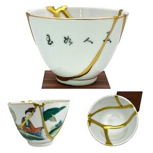 Kintsugi Cup Vtg Chinese Geisha Calligraphy Gold Crack Japanese Art Growth Gift